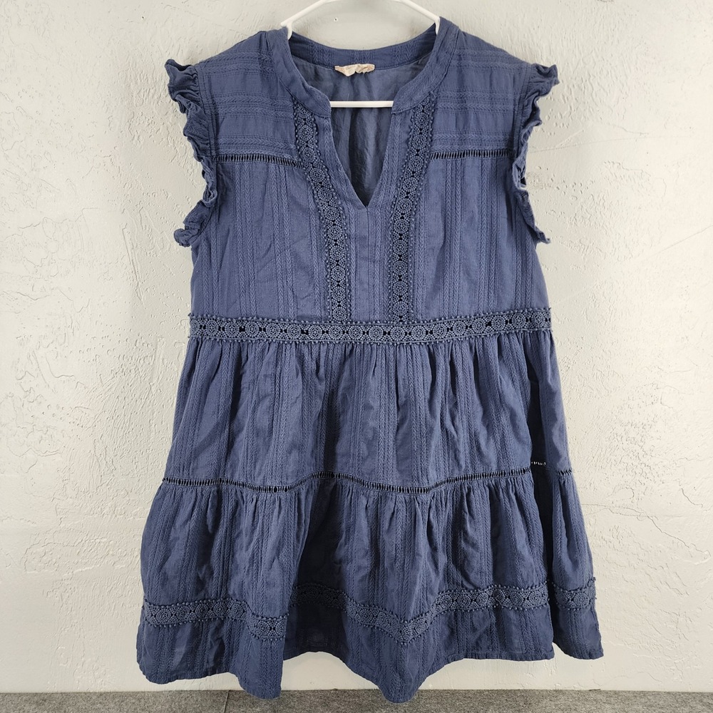 Altar'd State Blue Crochet Lace Tiered Ruffle Boho Babydoll Mini Dress Womens M